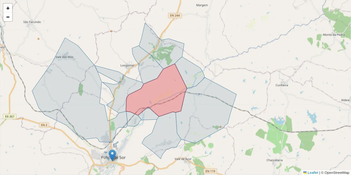 Mapa detalhado do código postal 7400-122 com limites, códigos postais vizinhos e agências dos correios