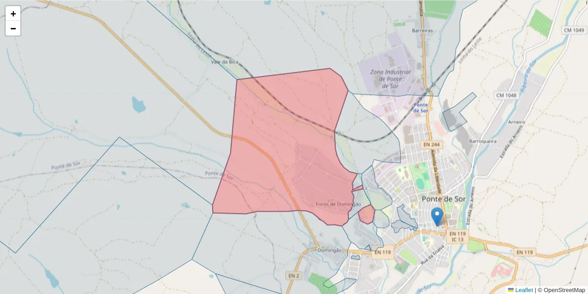 Mapa detalhado do código postal 7400-123 com limites, códigos postais vizinhos e agências dos correios