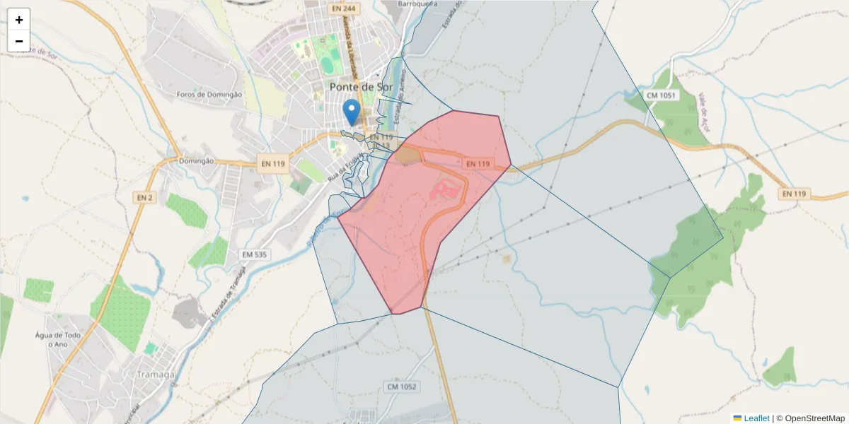 Mapa detalhado do código postal 7400-124 com limites, códigos postais vizinhos e agências dos correios