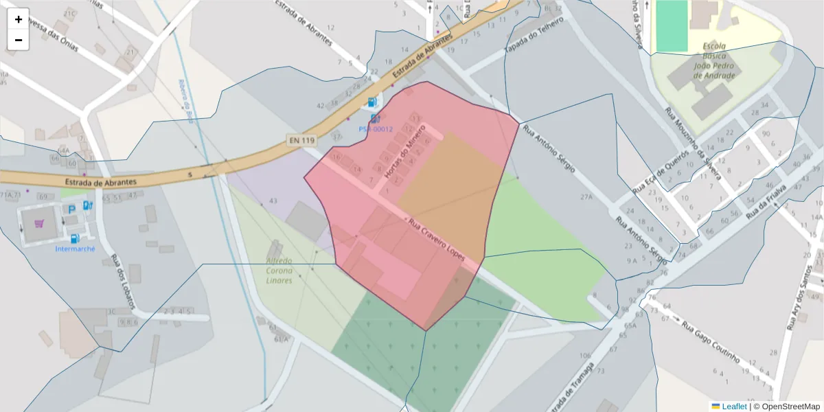 Mapa detalhado do código postal 7400-128 com limites, códigos postais vizinhos e agências dos correios
