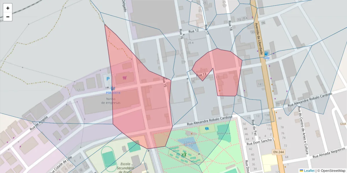 Mapa detalhado do código postal 7400-207 com limites, códigos postais vizinhos e agências dos correios