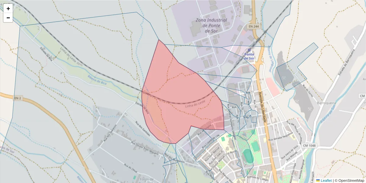 Mapa detalhado do código postal 7400-213 com limites, códigos postais vizinhos e agências dos correios