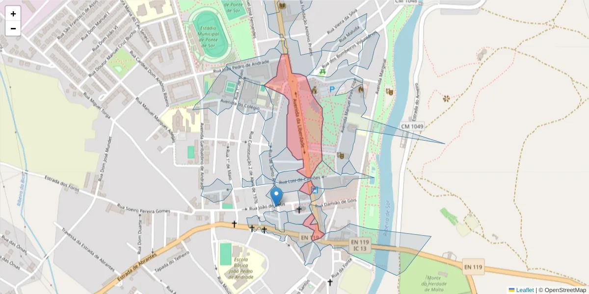 Mapa detalhado do código postal 7400-215 com limites, códigos postais vizinhos e agências dos correios