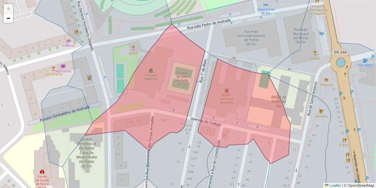 Mapa detalhado do código postal 7400-221 com limites, códigos postais vizinhos e agências dos correios