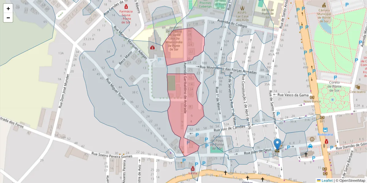 Mapa detalhado do código postal 7400-222 com limites, códigos postais vizinhos e agências dos correios