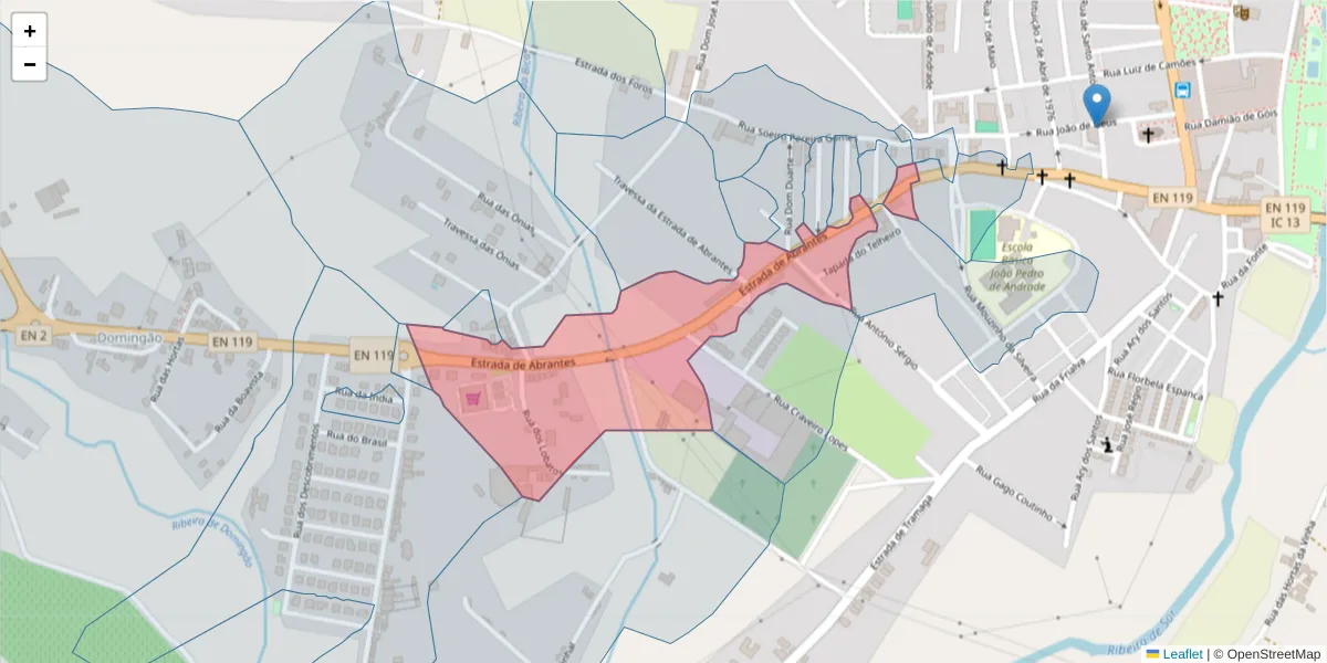 Mapa detalhado do código postal 7400-227 com limites, códigos postais vizinhos e agências dos correios