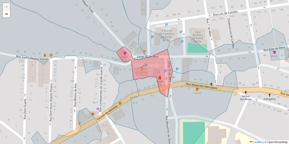 Mapa detalhado do código postal 7400-228 com limites, códigos postais vizinhos e agências dos correios