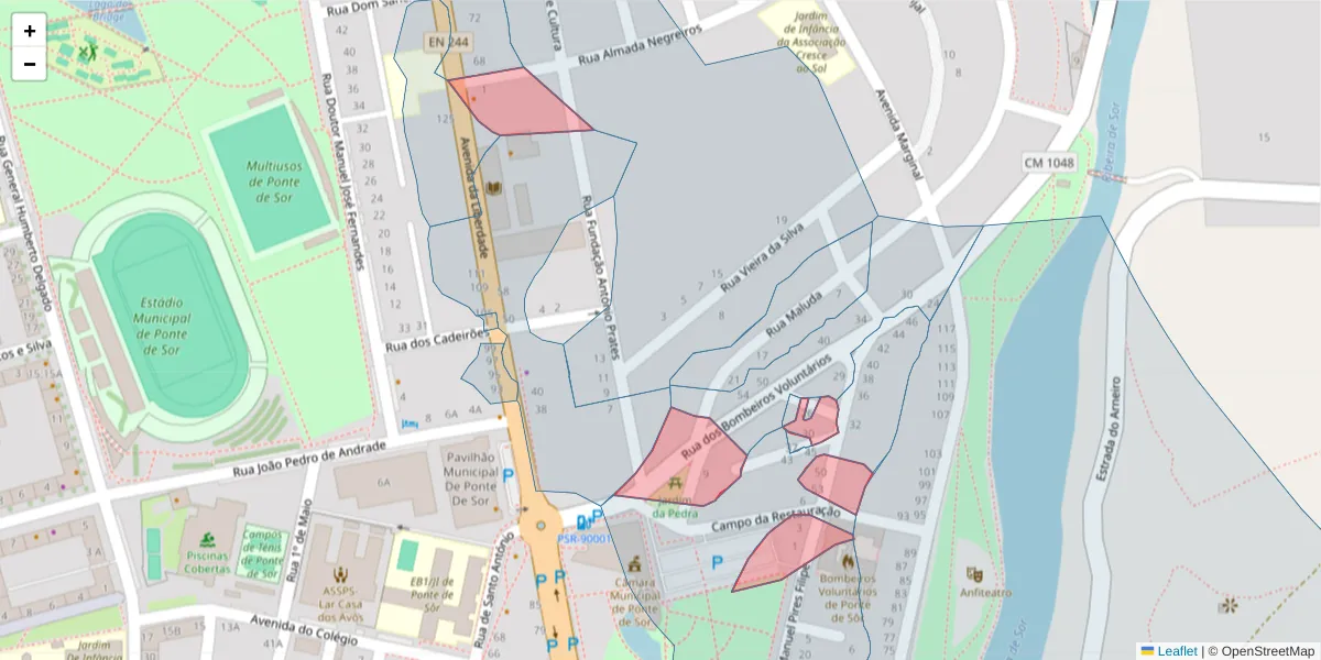 Mapa detalhado do código postal 7400-229 com limites, códigos postais vizinhos e agências dos correios
