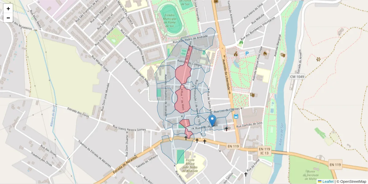 Mapa detalhado do código postal 7400-233 com limites, códigos postais vizinhos e agências dos correios