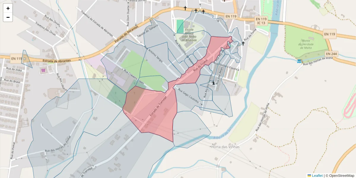 Mapa detalhado do código postal 7400-241 com limites, códigos postais vizinhos e agências dos correios