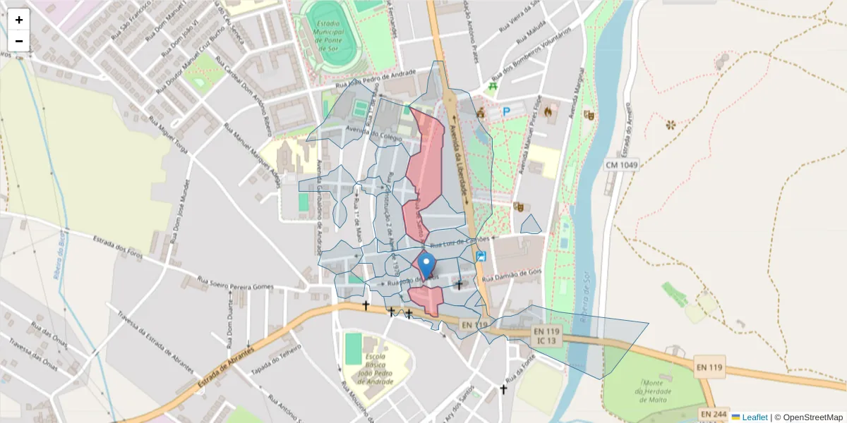 Mapa detalhado do código postal 7400-245 com limites, códigos postais vizinhos e agências dos correios