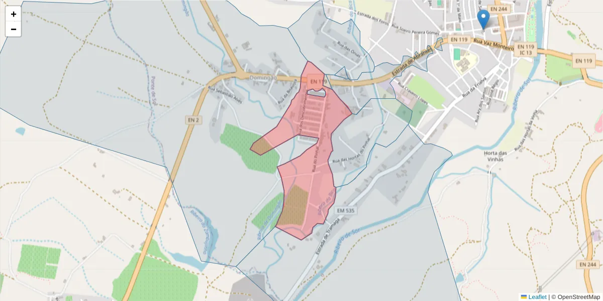 Mapa detalhado do código postal 7400-247 com limites, códigos postais vizinhos e agências dos correios