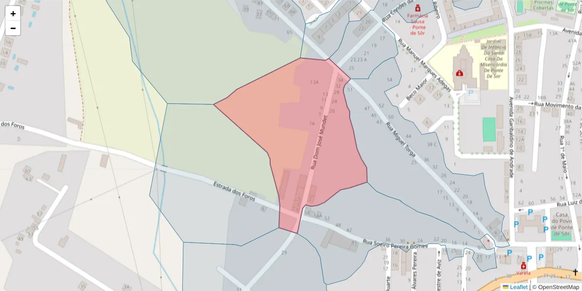 Mapa detalhado do código postal 7400-250 com limites, códigos postais vizinhos e agências dos correios