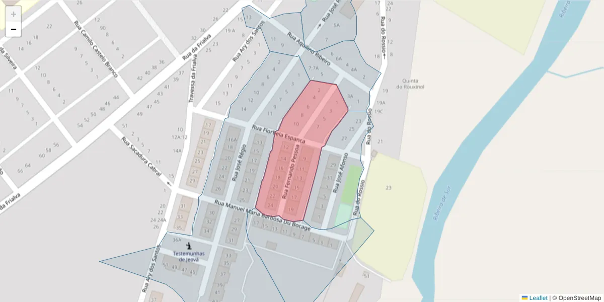 Mapa detalhado do código postal 7400-255 com limites, códigos postais vizinhos e agências dos correios