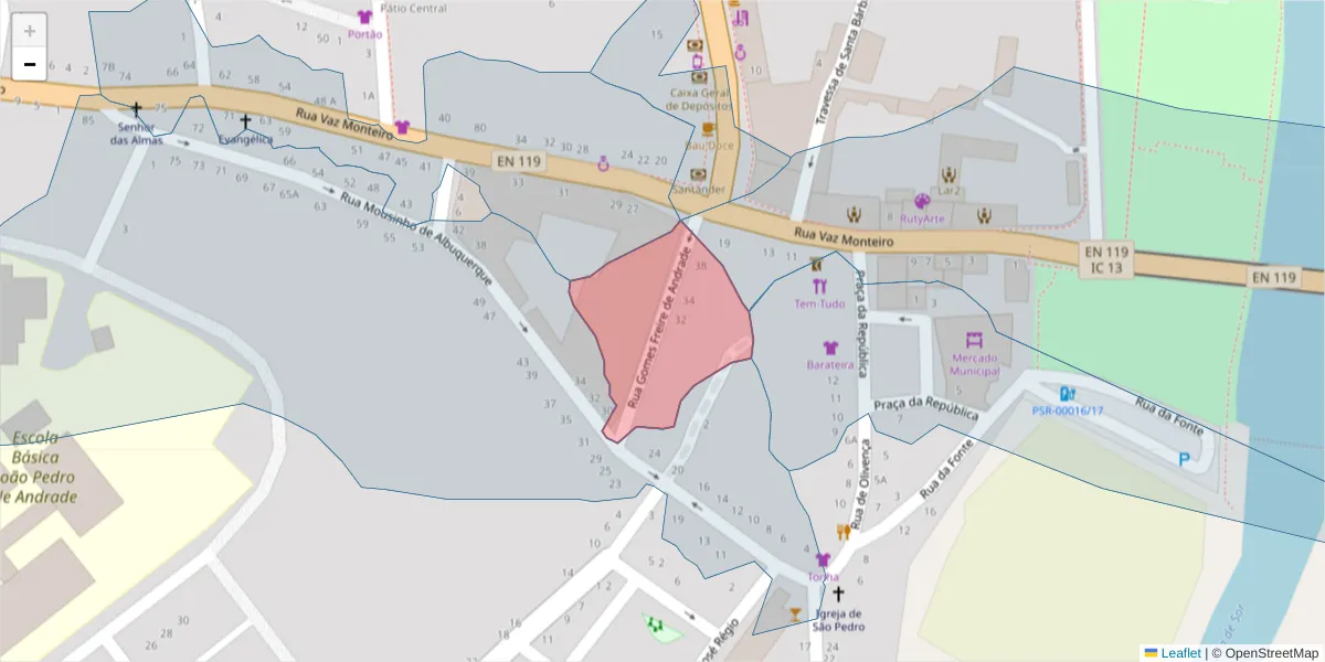 Mapa detalhado do código postal 7400-260 com limites, códigos postais vizinhos e agências dos correios