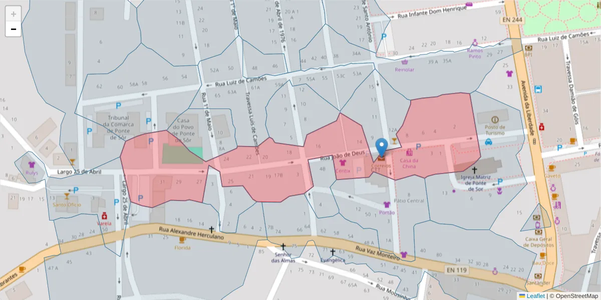 Mapa detalhado do código postal 7400-263 com limites, códigos postais vizinhos e agências dos correios