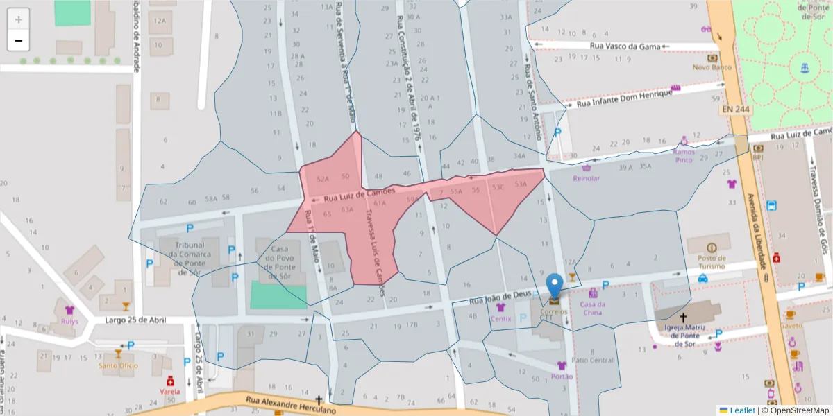 Mapa detalhado do código postal 7400-269 com limites, códigos postais vizinhos e agências dos correios