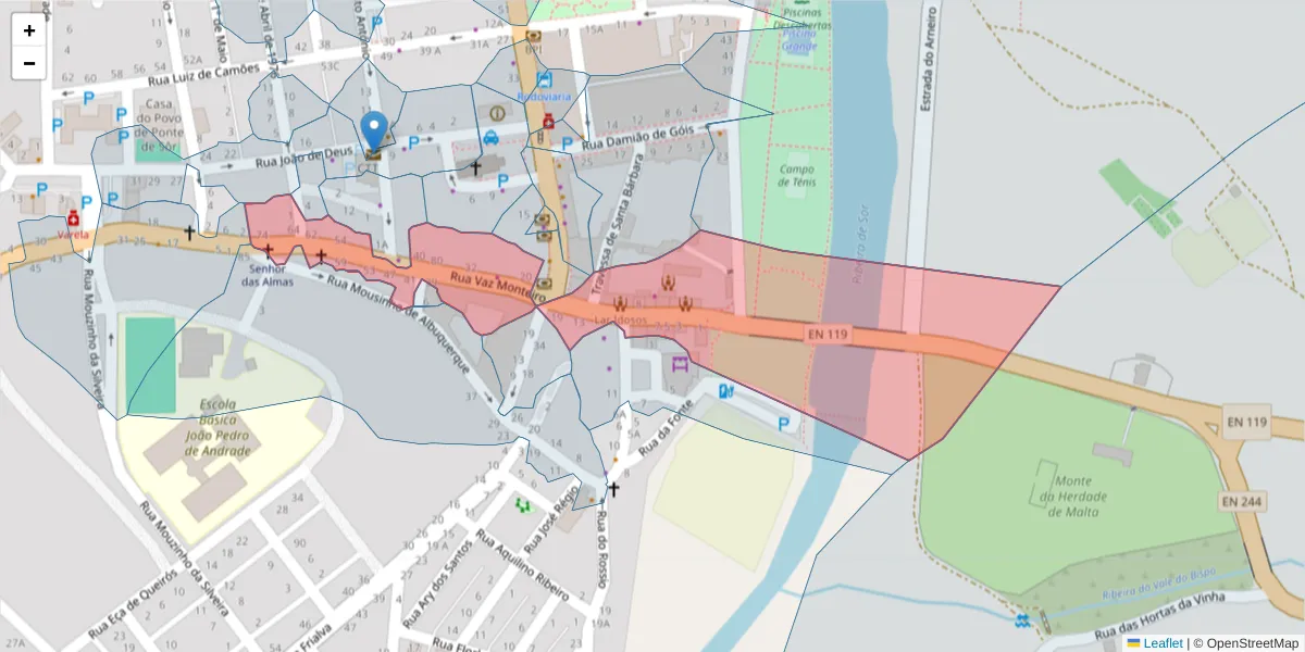 Mapa detalhado do código postal 7400-281 com limites, códigos postais vizinhos e agências dos correios