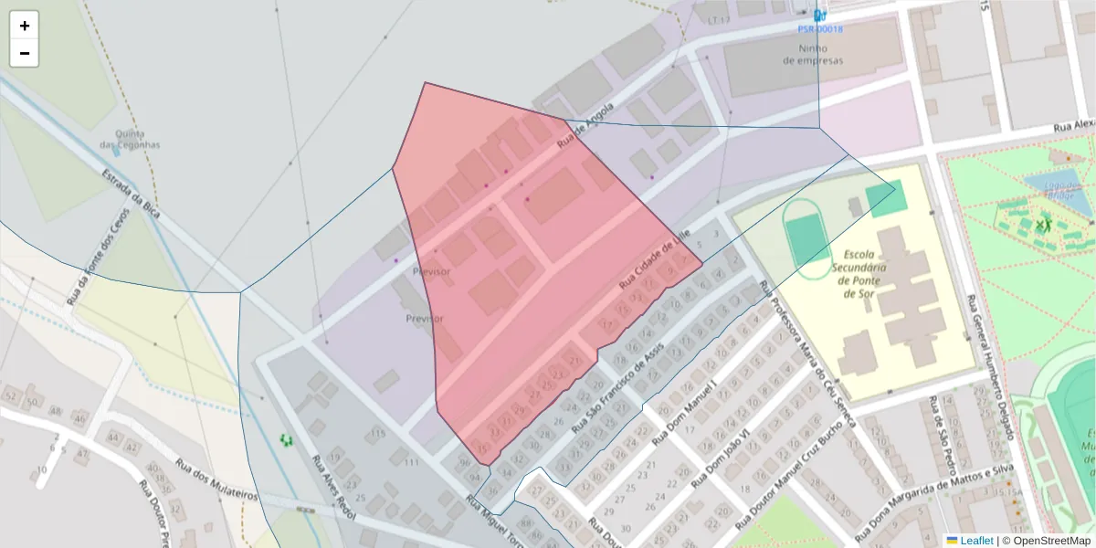 Mapa detalhado do código postal 7400-298 com limites, códigos postais vizinhos e agências dos correios