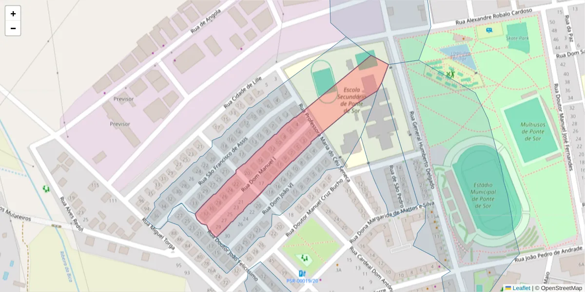 Mapa detalhado do código postal 7400-300 com limites, códigos postais vizinhos e agências dos correios