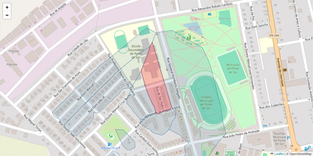 Mapa detalhado do código postal 7400-304 com limites, códigos postais vizinhos e agências dos correios