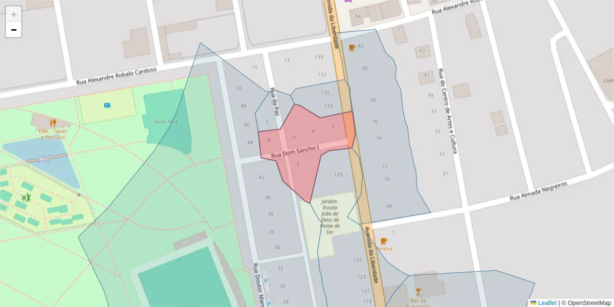 Mapa detalhado do código postal 7400-305 com limites, códigos postais vizinhos e agências dos correios