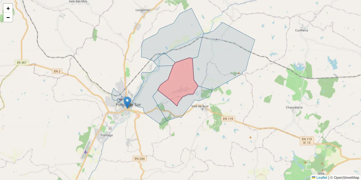 Mapa detalhado do código postal 7400-407 com limites, códigos postais vizinhos e agências dos correios