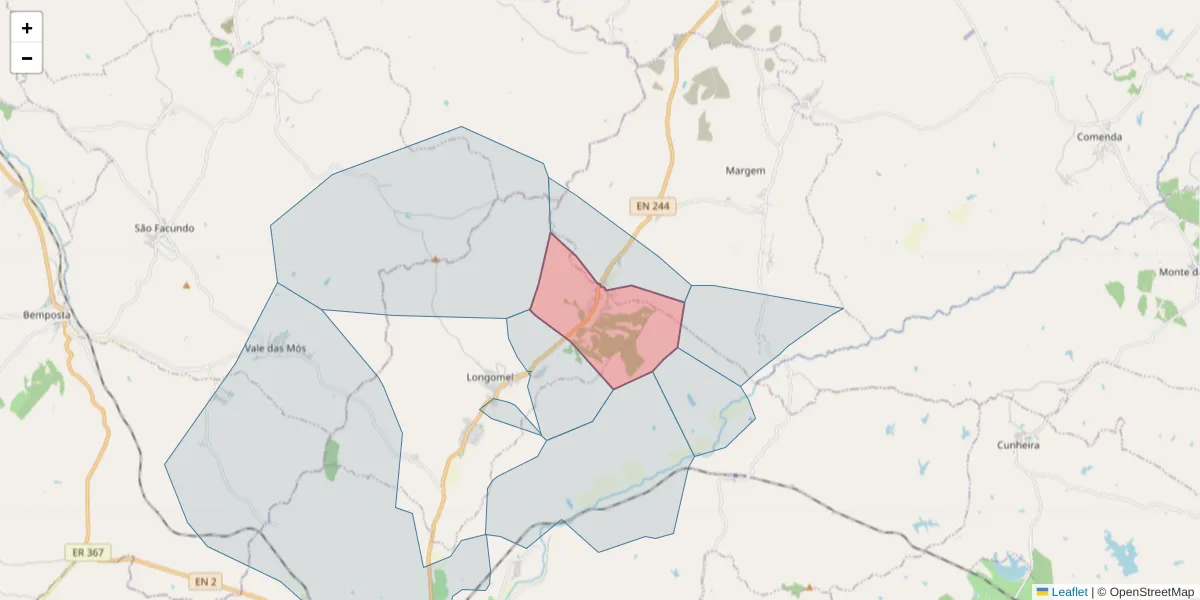 Mapa detalhado do código postal 7400-460 com limites, códigos postais vizinhos e agências dos correios