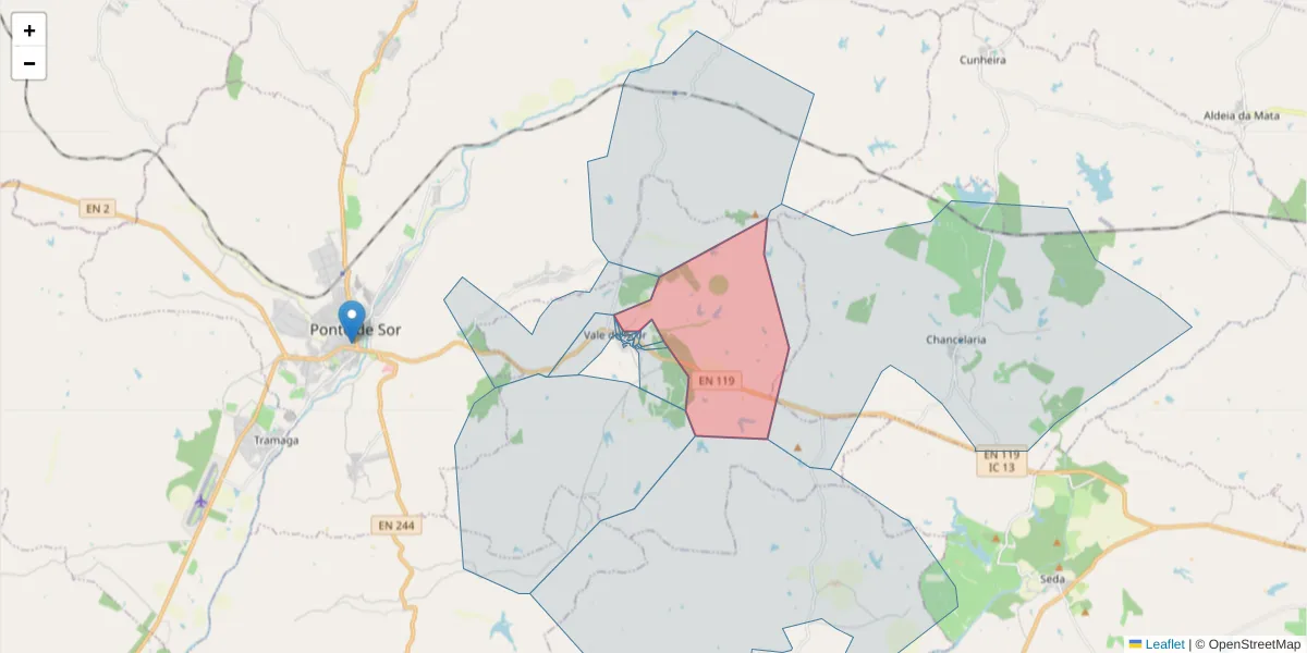 Mapa detalhado do código postal 7400-505 com limites, códigos postais vizinhos e agências dos correios