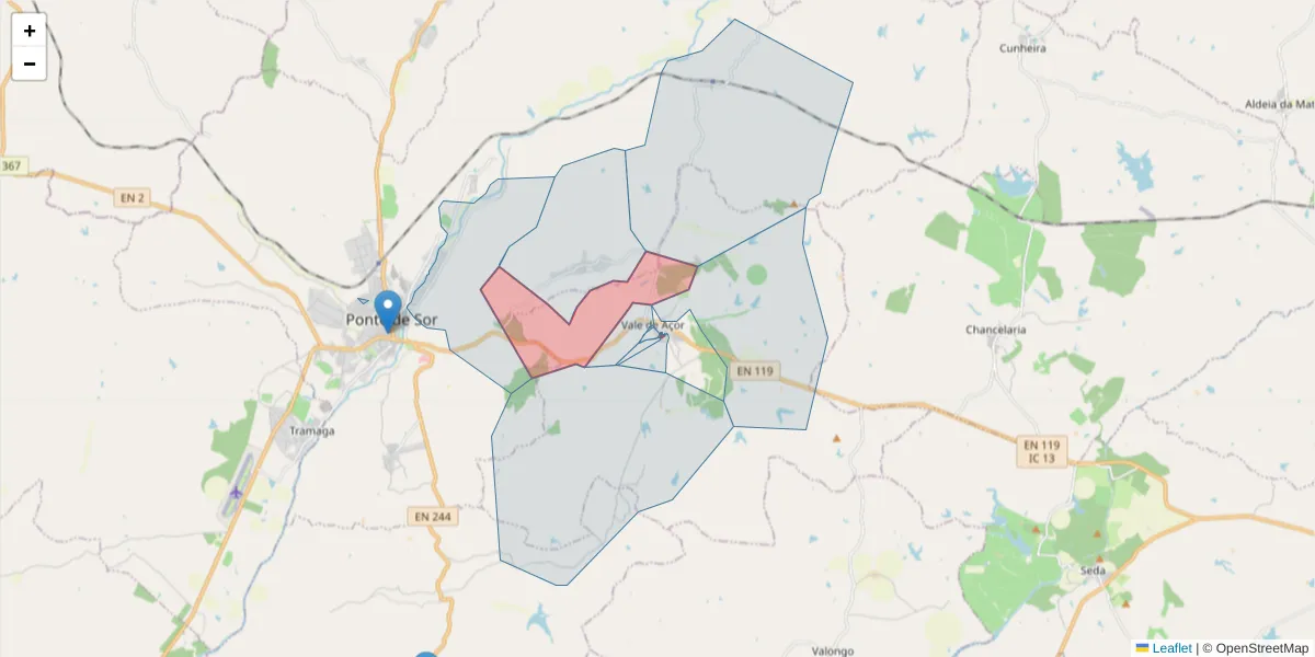 Mapa detalhado do código postal 7400-531 com limites, códigos postais vizinhos e agências dos correios