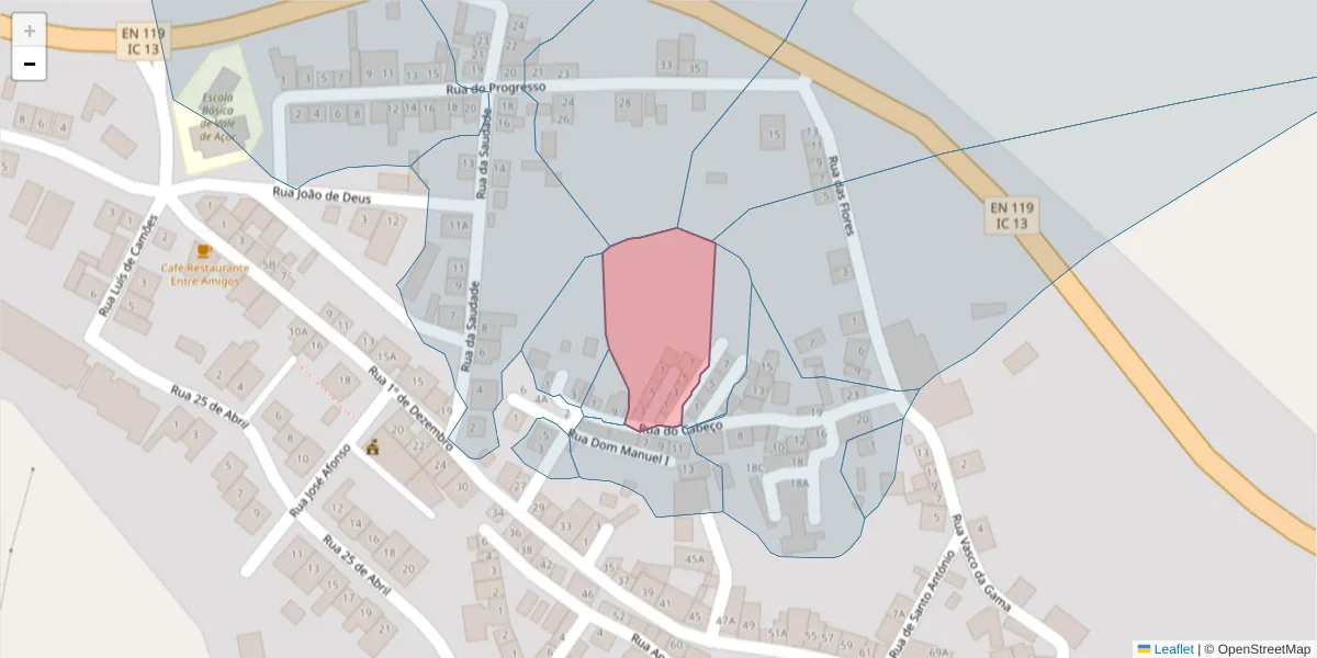 Mapa detalhado do código postal 7400-555 com limites, códigos postais vizinhos e agências dos correios