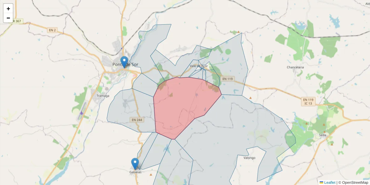 Mapa detalhado do código postal 7400-580 com limites, códigos postais vizinhos e agências dos correios