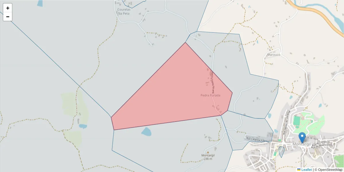 Mapa detalhado do código postal 7425-012 com limites, códigos postais vizinhos e agências dos correios