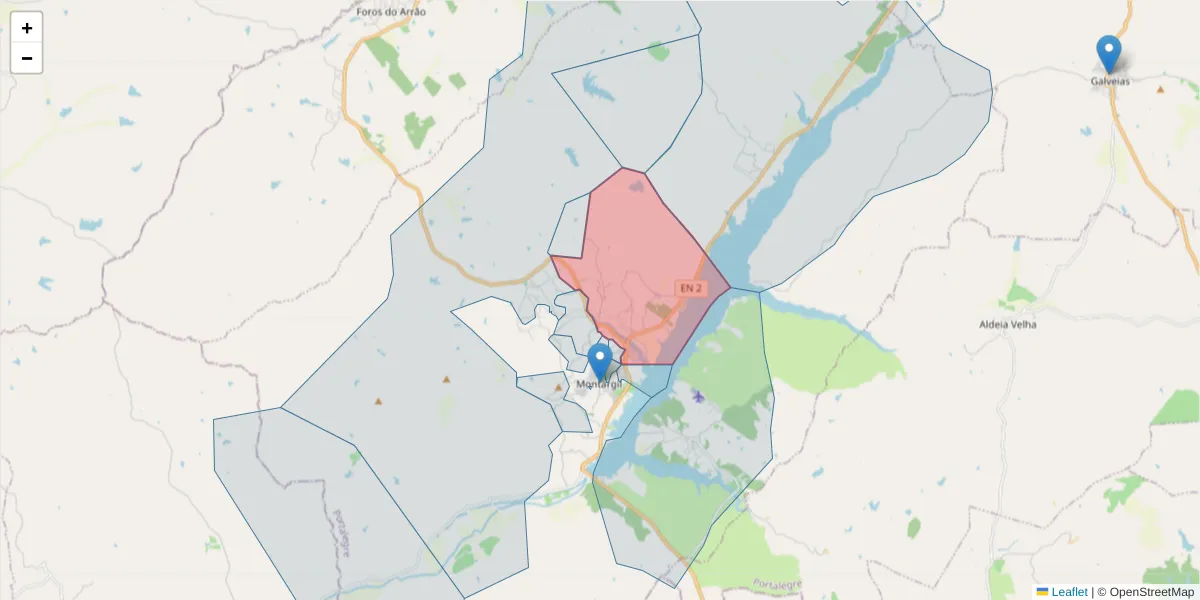 Mapa detalhado do código postal 7425-013 com limites, códigos postais vizinhos e agências dos correios