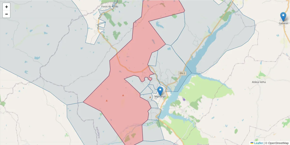 Mapa detalhado do código postal 7425-014 com limites, códigos postais vizinhos e agências dos correios