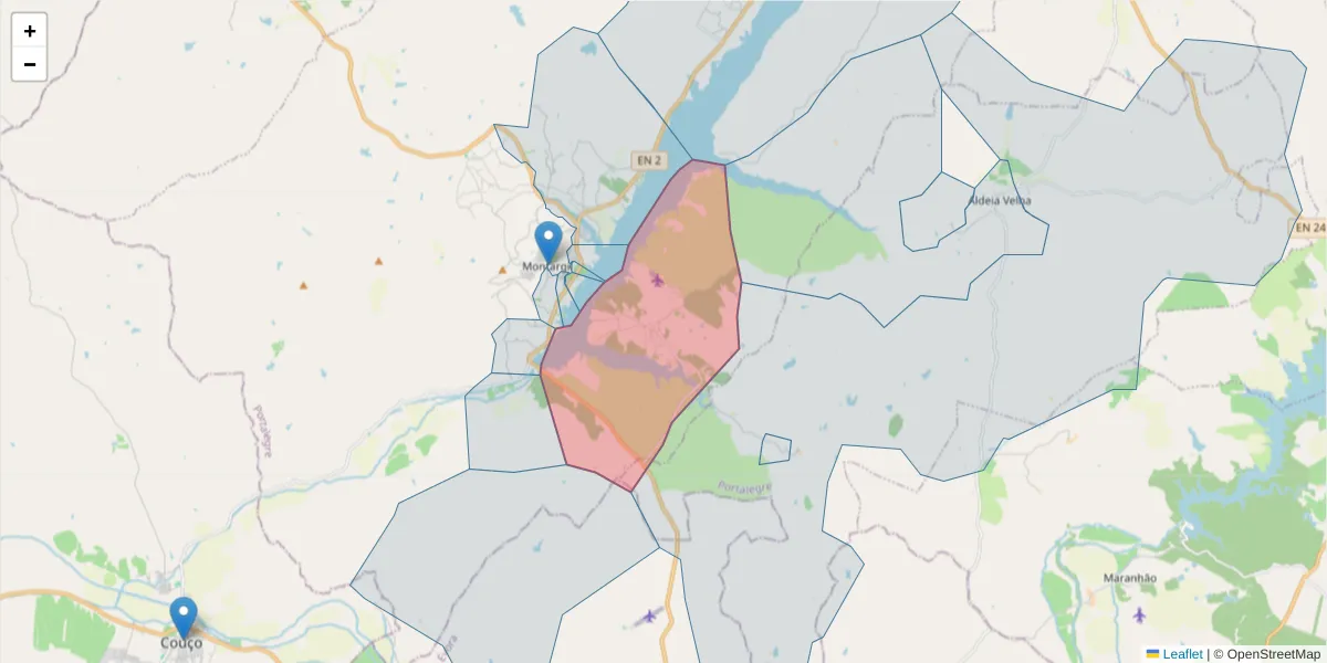 Mapa detalhado do código postal 7425-015 com limites, códigos postais vizinhos e agências dos correios