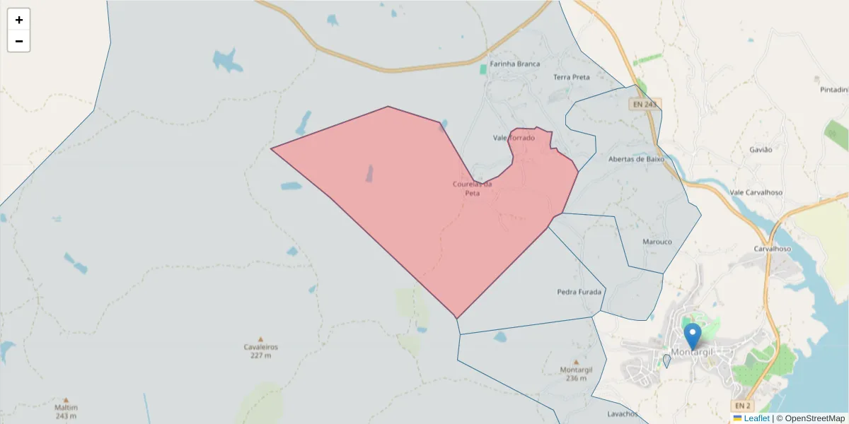 Mapa detalhado do código postal 7425-019 com limites, códigos postais vizinhos e agências dos correios