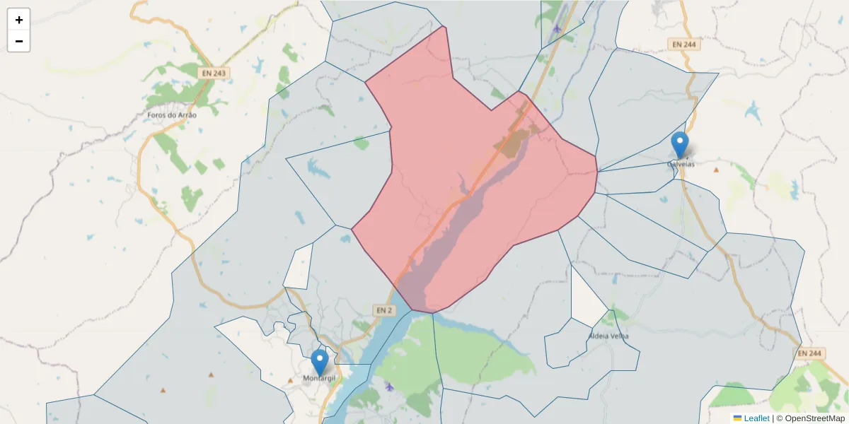 Mapa detalhado do código postal 7425-020 com limites, códigos postais vizinhos e agências dos correios