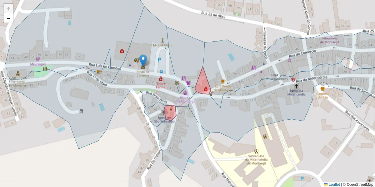 Mapa detalhado do código postal 7425-102 com limites, códigos postais vizinhos e agências dos correios