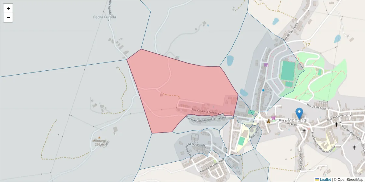 Mapa detalhado do código postal 7425-108 com limites, códigos postais vizinhos e agências dos correios