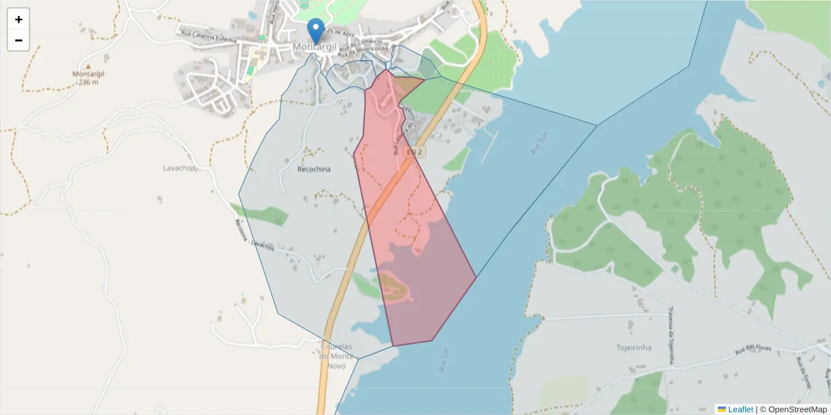 Mapa detalhado do código postal 7425-124 com limites, códigos postais vizinhos e agências dos correios