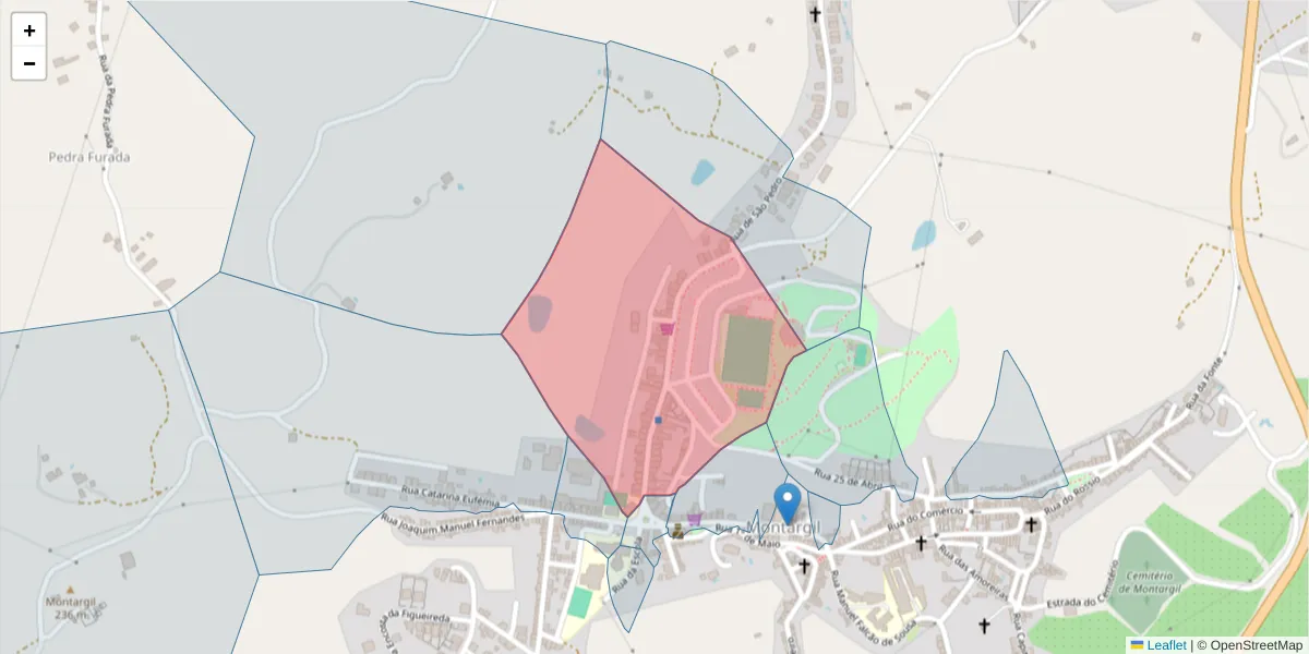 Mapa detalhado do código postal 7425-125 com limites, códigos postais vizinhos e agências dos correios