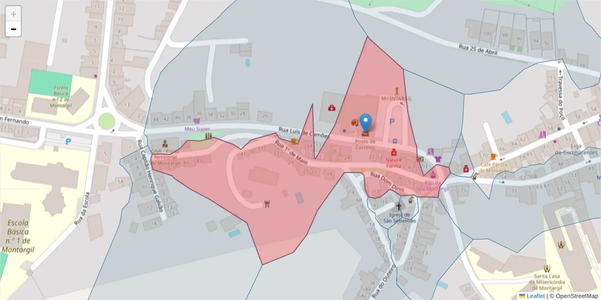 Mapa detalhado do código postal 7425-133 com limites, códigos postais vizinhos e agências dos correios