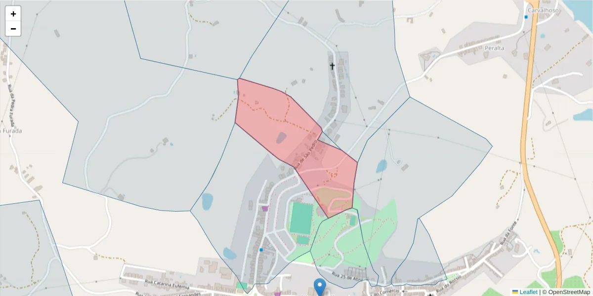 Mapa detalhado do código postal 7425-142 com limites, códigos postais vizinhos e agências dos correios