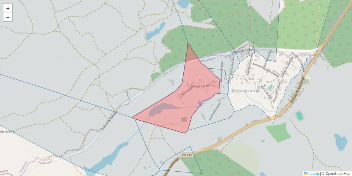 Mapa detalhado do código postal 7425-205 com limites, códigos postais vizinhos e agências dos correios