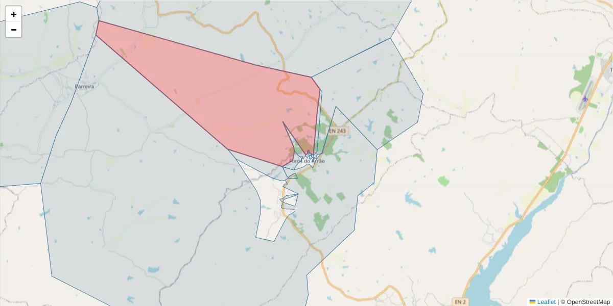 Mapa detalhado do código postal 7425-215 com limites, códigos postais vizinhos e agências dos correios