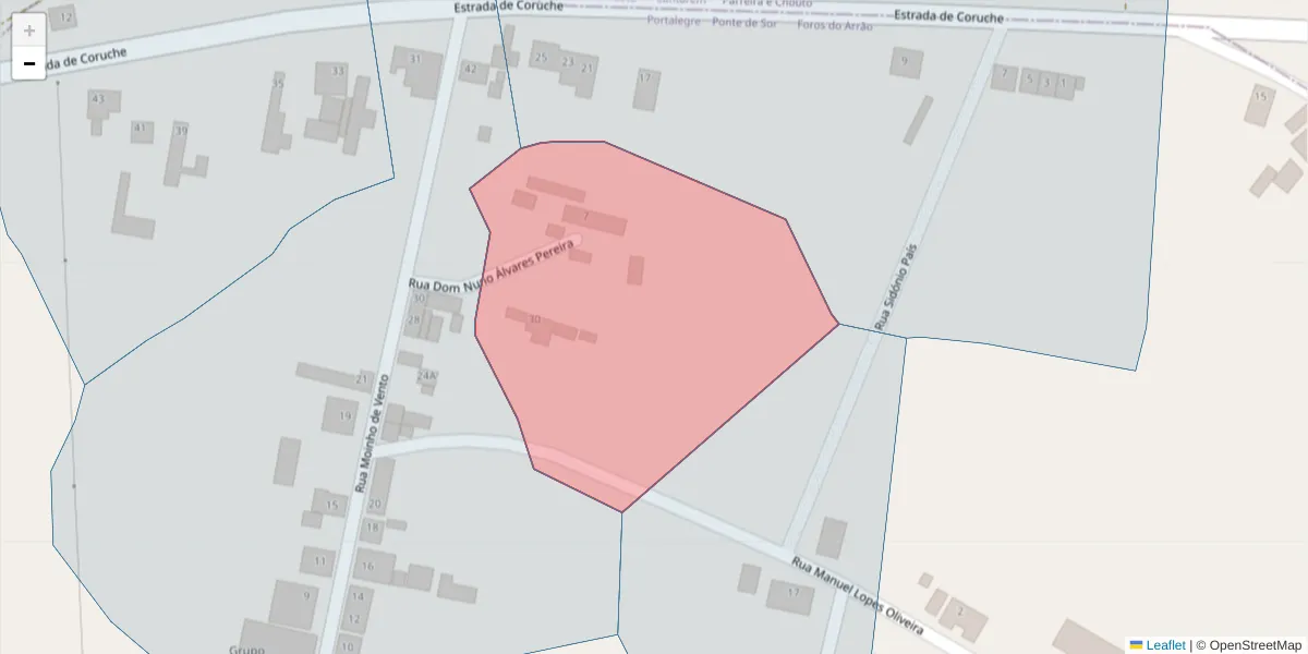 Mapa detalhado do código postal 7425-229 com limites, códigos postais vizinhos e agências dos correios