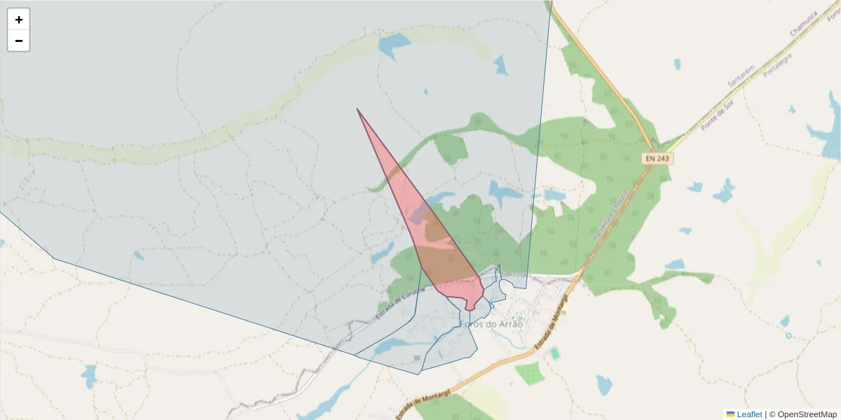 Mapa detalhado do código postal 7425-230 com limites, códigos postais vizinhos e agências dos correios
