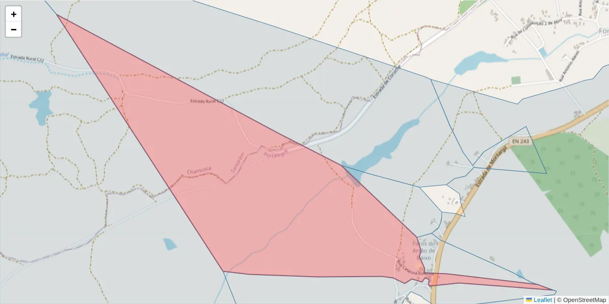 Mapa detalhado do código postal 7425-238 com limites, códigos postais vizinhos e agências dos correios
