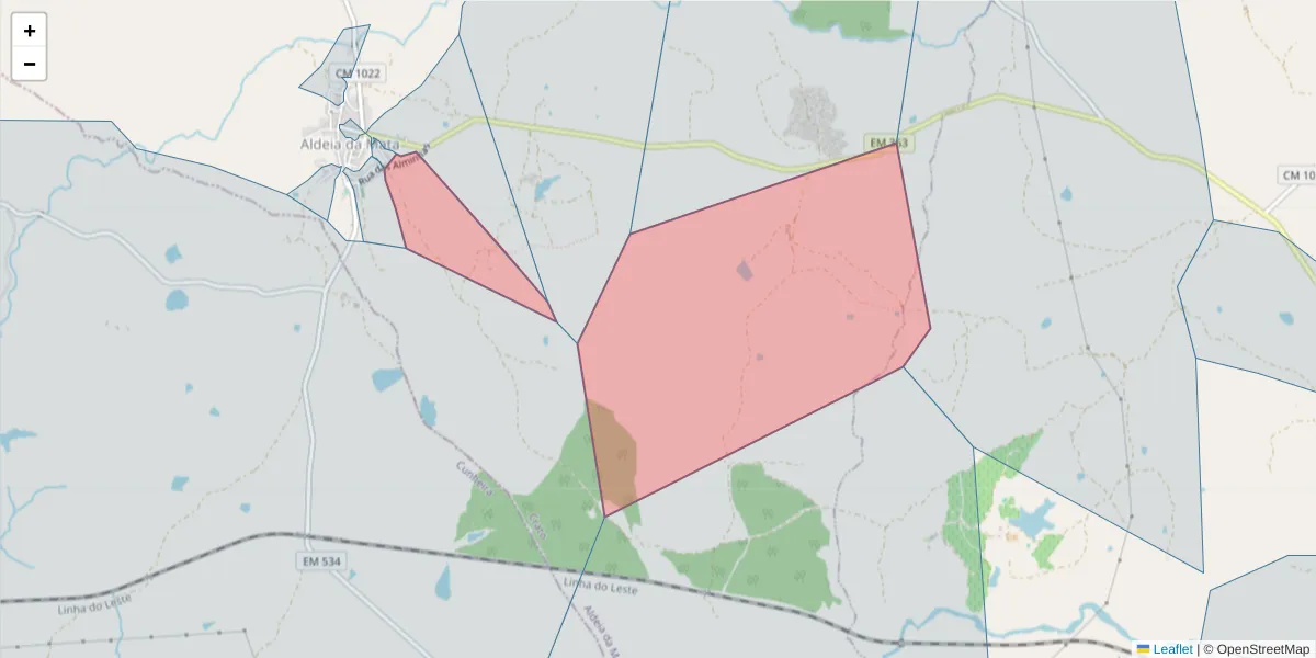 Mapa detalhado do código postal 7430-021 com limites, códigos postais vizinhos e agências dos correios